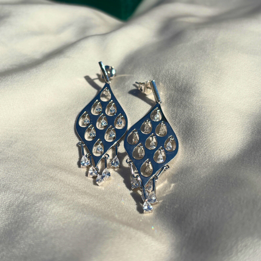 Handmade Sterling Silver Leaf-Shaped Earrings Accented with Cubic Zirconia