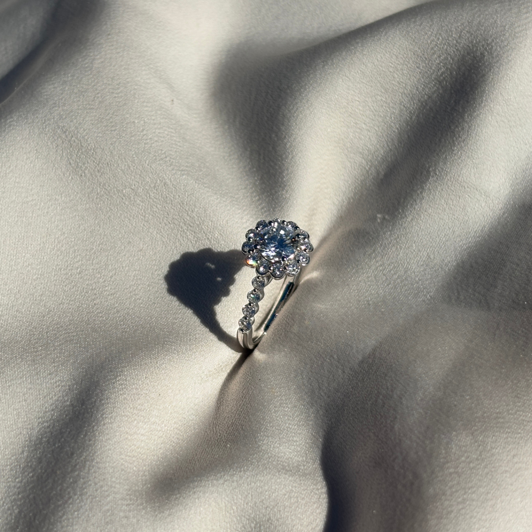 White Gold Floral Masterpiece in 9ct, Sparkling with Hand-Set Lab Diamonds
